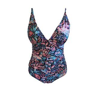 Floral One-Piece Swimsuit Deep V-Neck Adjustable Straps Size M Nylon/Spandex Ste
